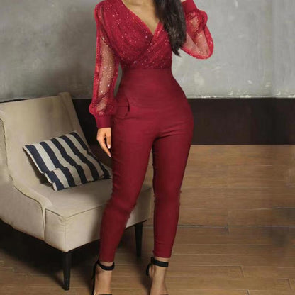 Women's Solid Color And V-neck Mesh Slim Fit Long-sleeved One-piece Trousers