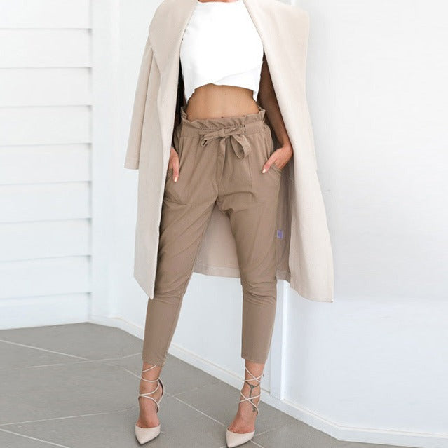Women's Casual Slim High-waist Drawstring Pencil Trouser Pants | Nowena