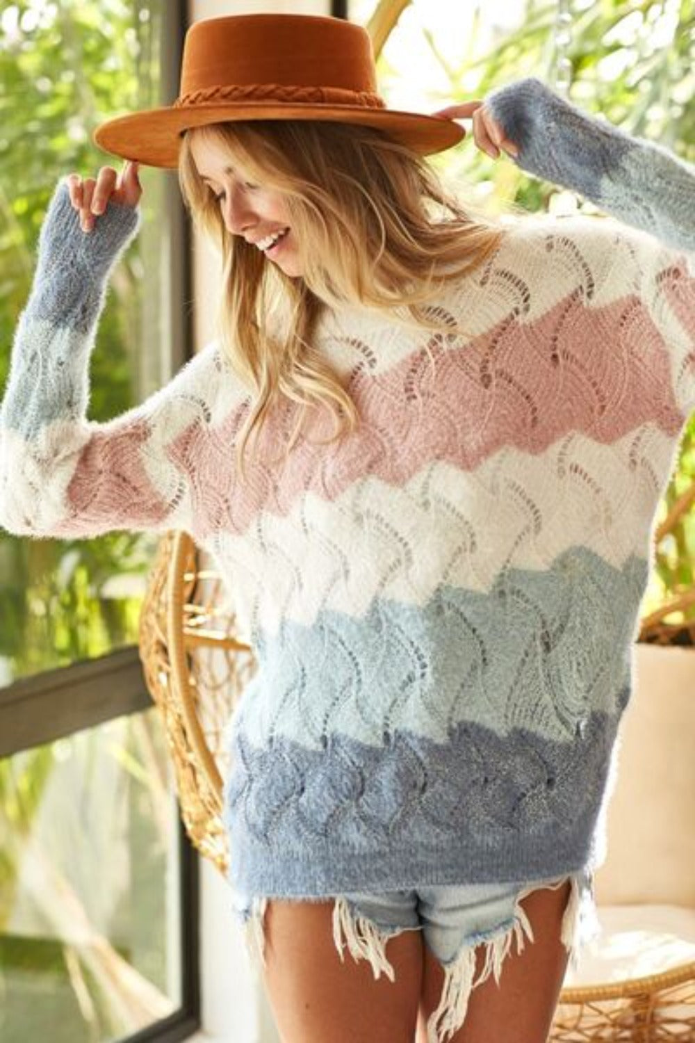 Color Block Openwork Long Sleeve Sweater-Mauve Sage | Nowena