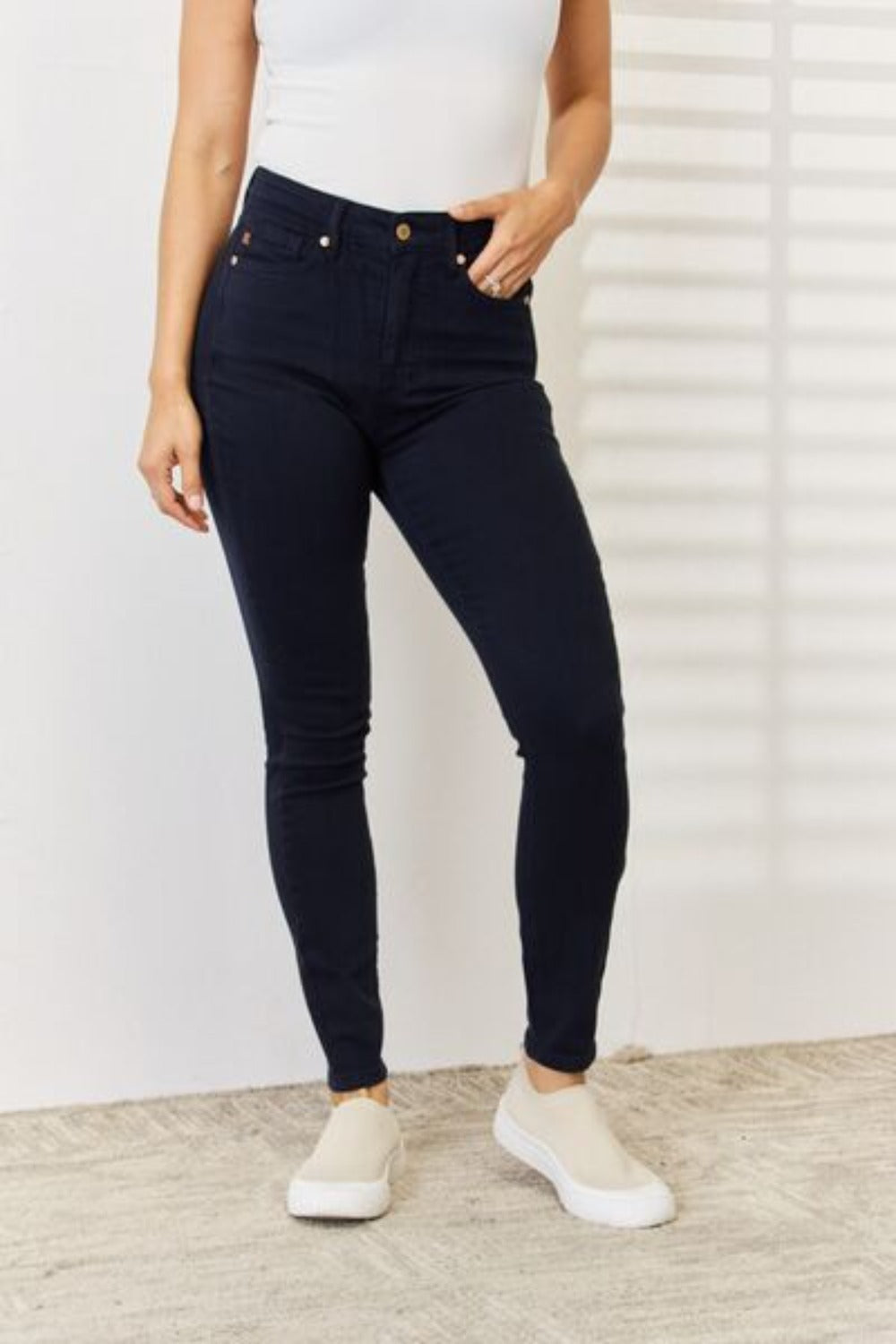 Plus Size Garment Dyed Tummy Control Skinny Jeans-Navy | Nowena