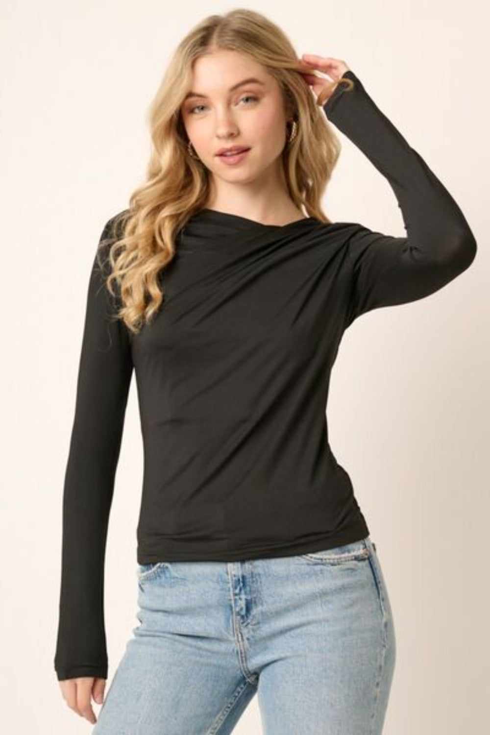 Women Ruched Long Sleeve Slim Blouse -Black |Nowena