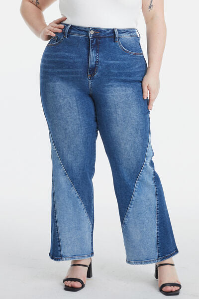 Plus Size High Waist Two-Tones Patched Wide Leg Jeans - Double Rose | Nowena