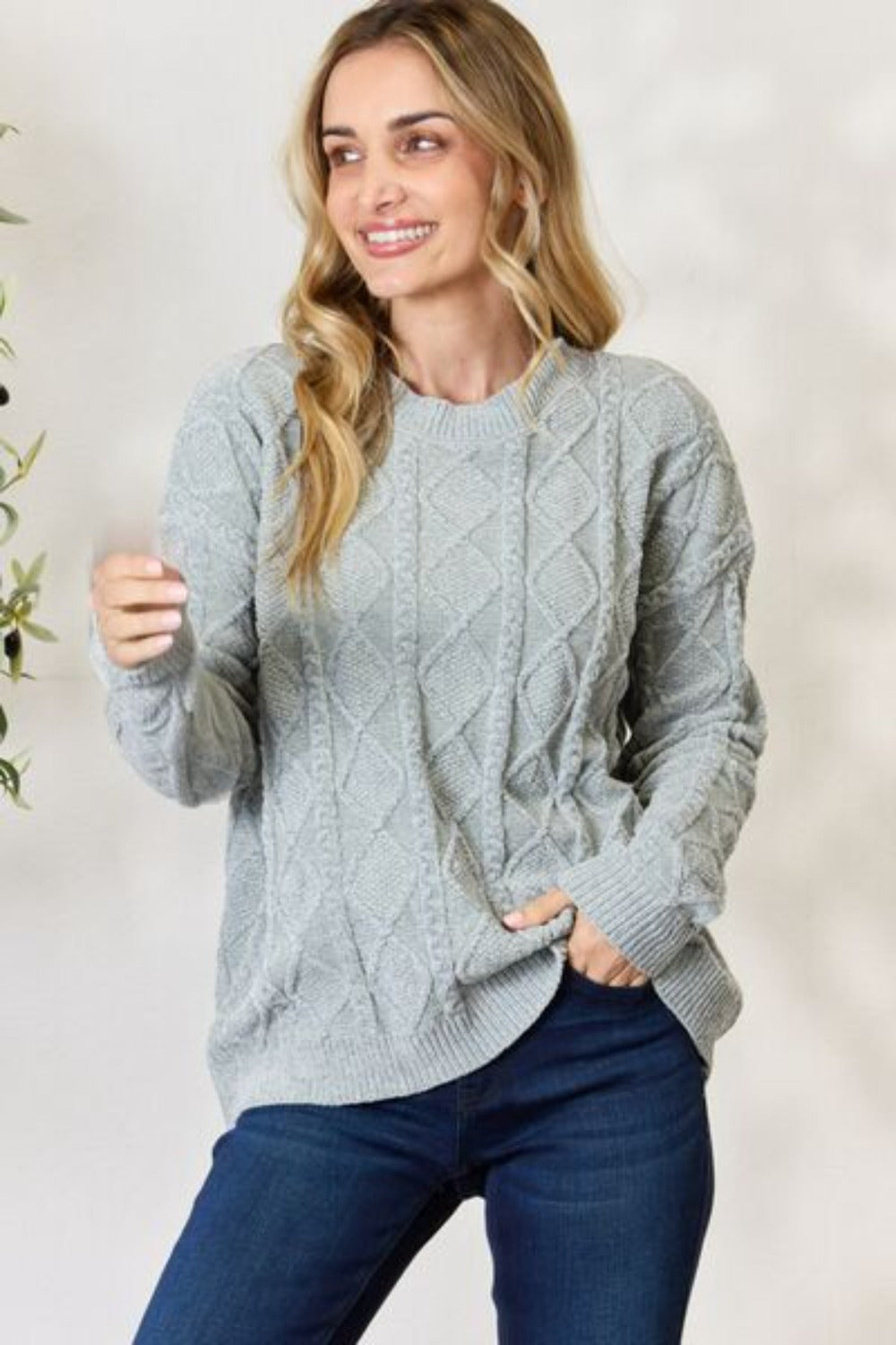 Women Turtleneck Cable Knit Round Neck Sweater-Dust Sage | Nowena