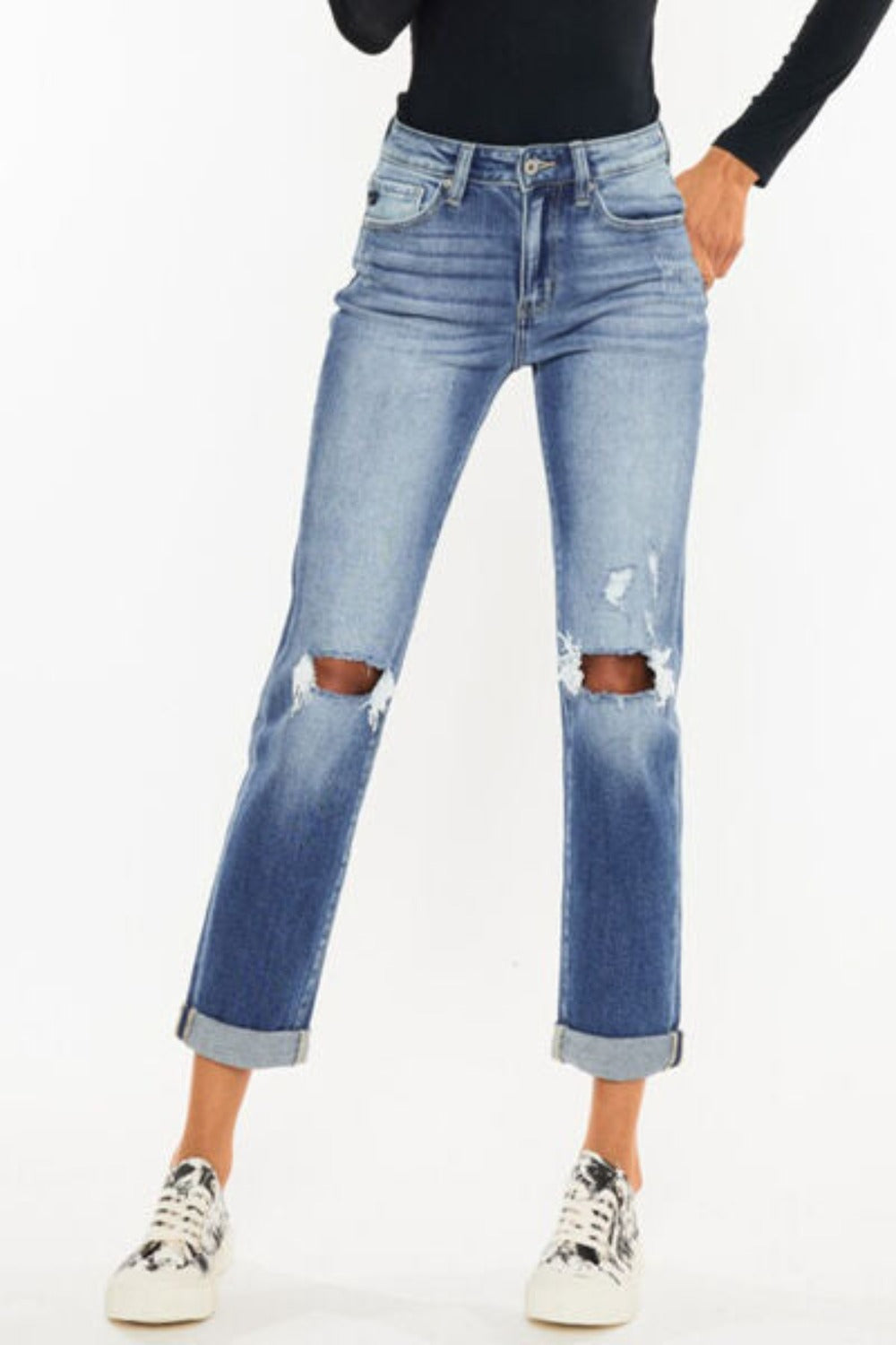 High Waist Distressed Hem Detail Cropped Straight Jeans-Medium Blue | Nowena