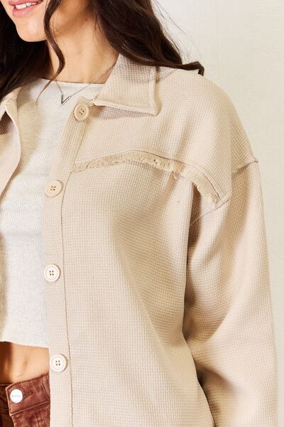 Women Texture Button Down Fray Detail Jacket - Beige