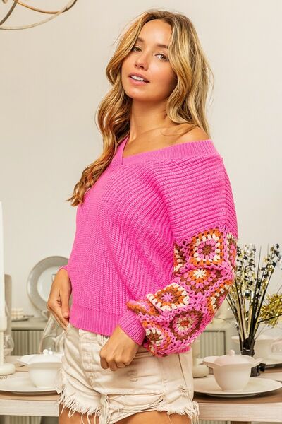 V-Neck Crochet Long Sleeve Sweater | Nowena