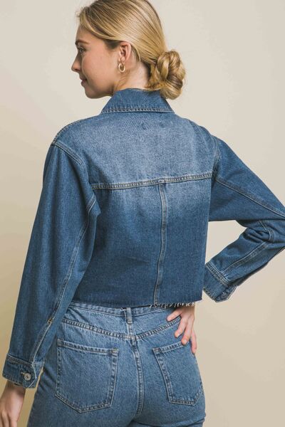 Raw Hem Button Up Cropped Denim Jacket- Blue | Nowena