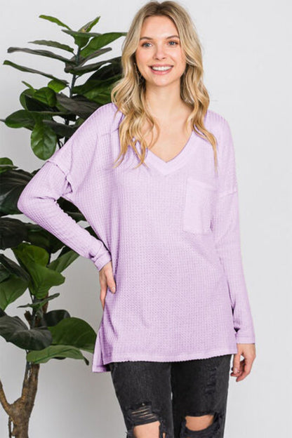 Women Knit V-Neck Long Sleeve Blouse - Lilac