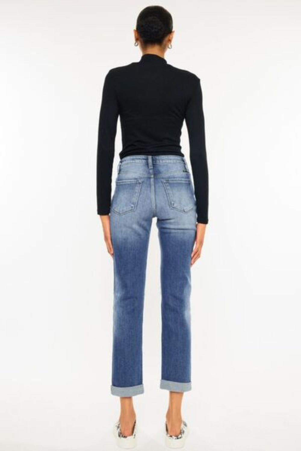 High Waist Distressed Hem Detail Cropped Straight Jeans-Medium Blue | Nowena