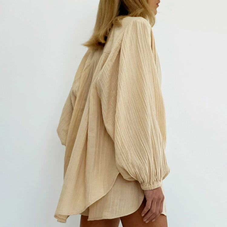 Stylish Two-Piece Set with Elegant Long-Sleeved Shirt and Slit Shorts
