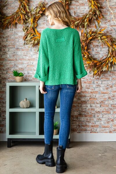 Notched Long Sleeve Sweater-Green | Nowena