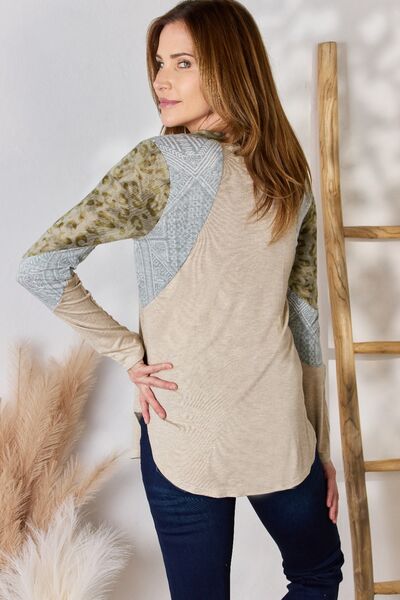 Colorblock V-Neck Long Sleeve Top Sweater-Oatmeal | Nowena