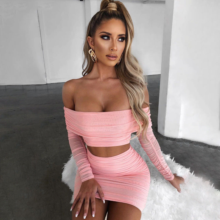 Women's Sexy 2 Piece Pink Pleated One Shoulder Crop Top and Skirt | Nowena