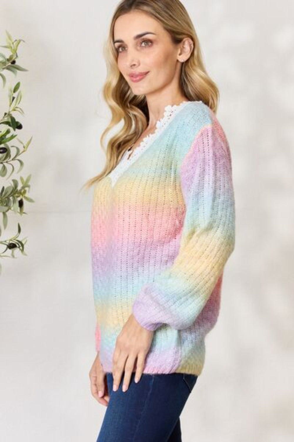 Knitted Rainbow Striped Vintage Gradient Crochet Detail Sweater -Pink Multi | Nowena