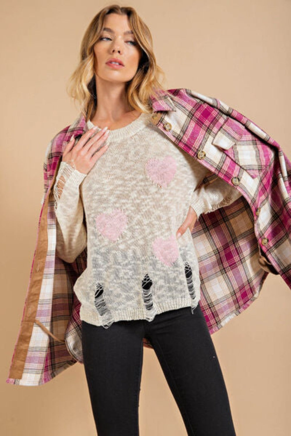 Women Pattern Distressed Sweater-Pink Cream | Nowena