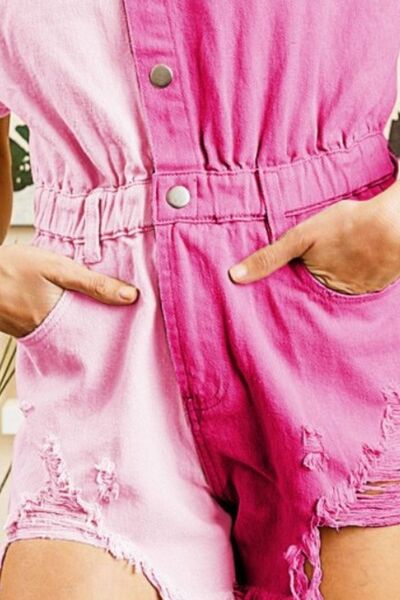 Women Contrast Half Snap Frayed Hem Shorts Romper -Pink | Nowena