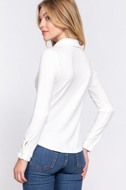 Women Long Sleeve Front Pocket DTY Brushed Blouse - White | Nowena