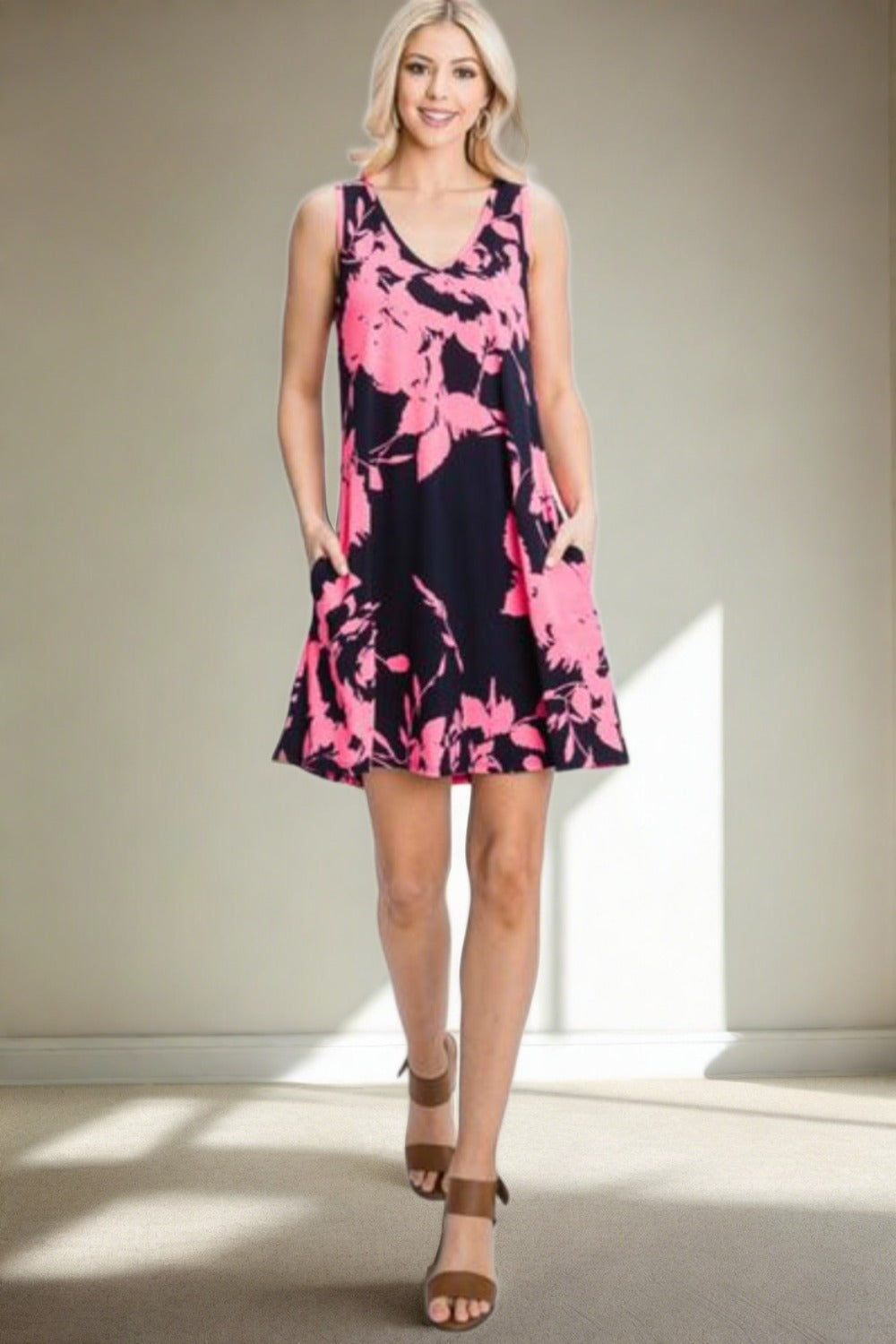 Plus Size Floral V-Neck Tank Dress with Pockets - Neon Pink | Nowena