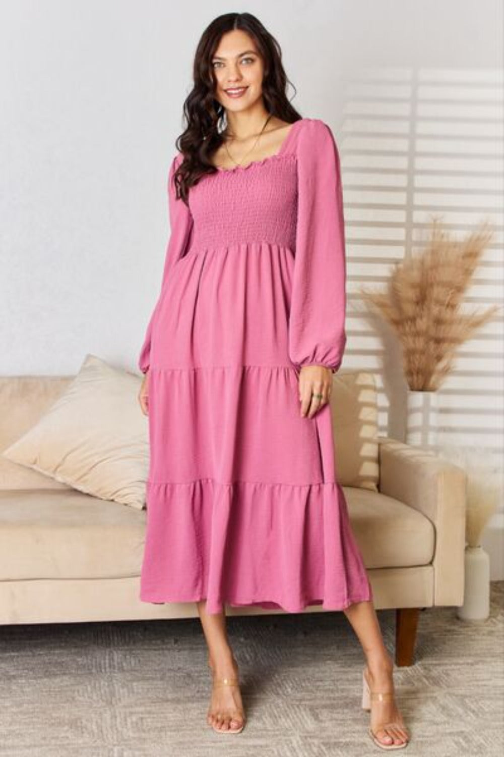 Women Plus Size Ruffle Trim Smocked Tiered Dress-Medium Rose | Nowena