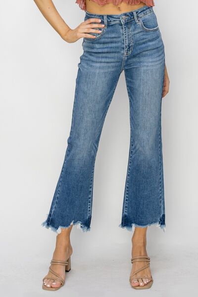 High Waist Raw Hem Flare Jeans Women - Medium Blue | Nowena