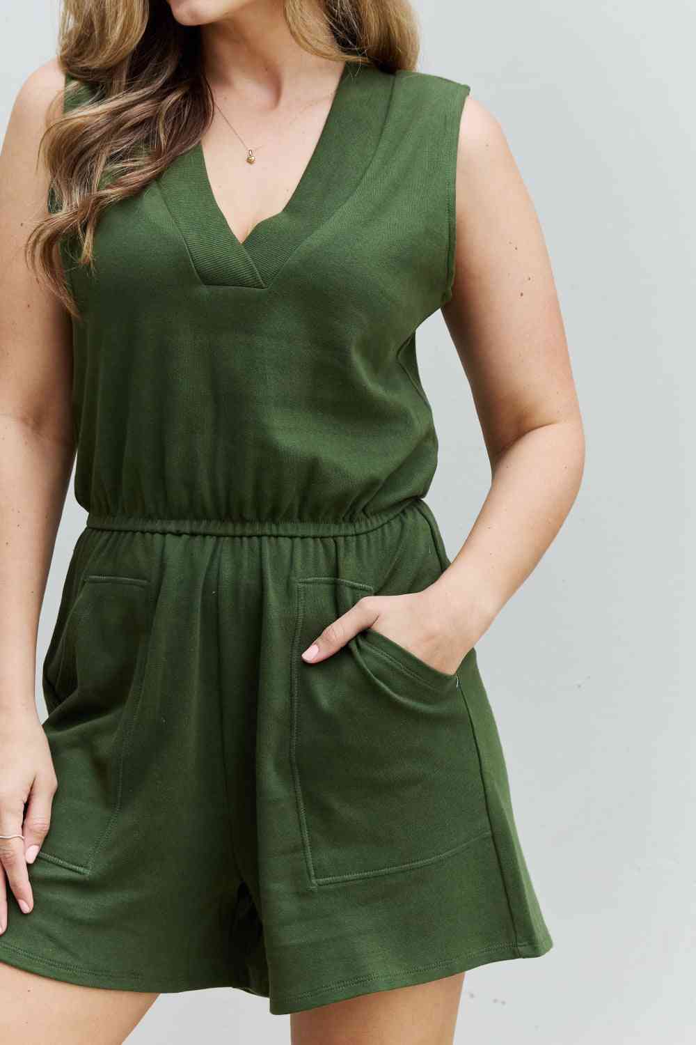 Plus Size V-Neck Sleeveless Romper - Army Green | Nowena