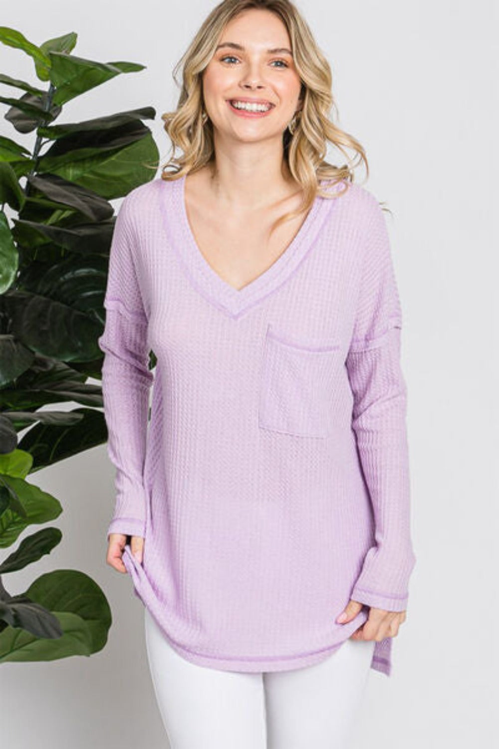 Women Knit V-Neck Long Sleeve Blouse - Lilac