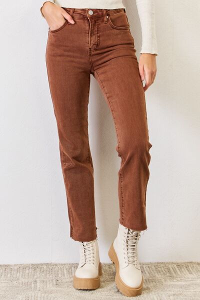Plus Size High Rise Tummy Control Straight Jeans-Brown | Nowena