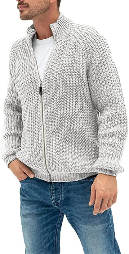 Men's Casual Knitted Solid Color Turtleneck Zipped Winter Autumn Sweater Jacket - Nowena
