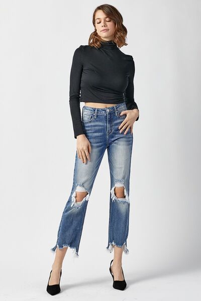 High Waist Distressed Frayed Hem Cropped Straight Jeans | Nowena