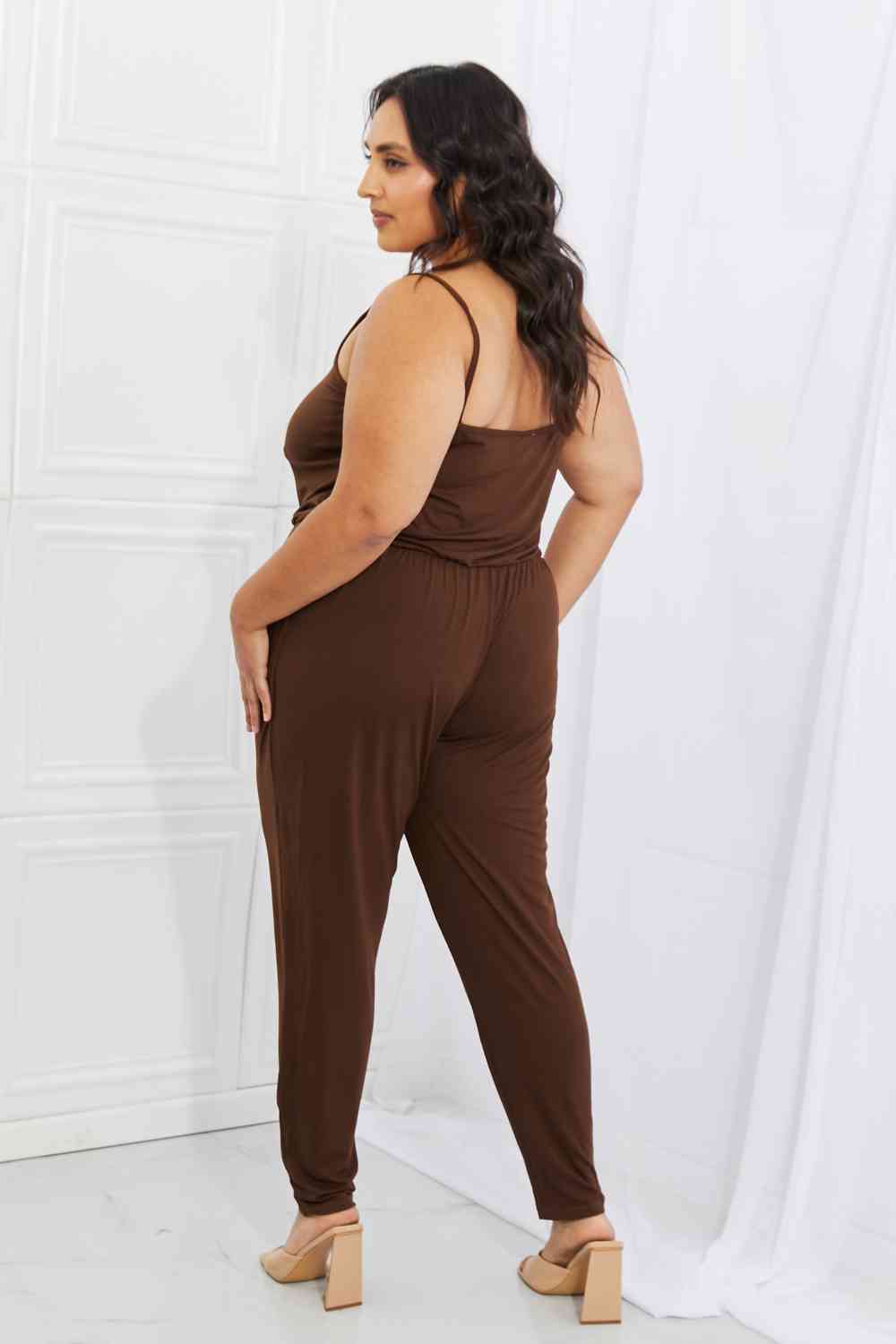 Plus Size Solid Elastic Waistband Jumpsuit - Chocolate | Nowena
