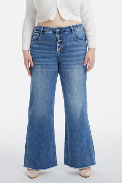 Plus Size High Waist Button-Fly Raw Hem Wide Leg Jeans - Blue Lotus