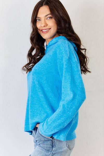 Plus Size Long Sleeve Cozy Hoodie Sweater-Deep Sky | Nowena