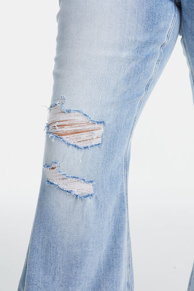 Plus Size Distressed Raw Hem High Waist Flare Jeans- Light Blue | Nowena