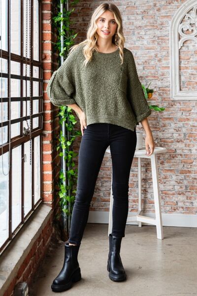 Round Neck Roll-Up Blouse Top-Olive  | Nowena