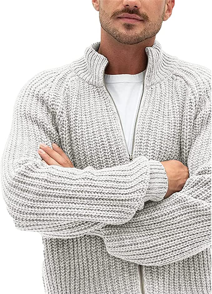 Men's Casual Knitted Solid Color Turtleneck Zipped Winter Autumn Sweater Jacket - Nowena
