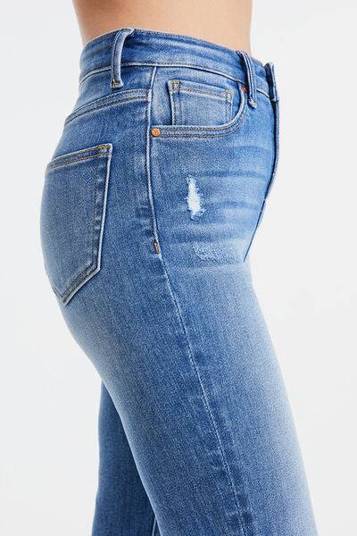 Plusl Size High Waist Distressed Raw Hew Skinny Jeans - Medium Blue | Nowena