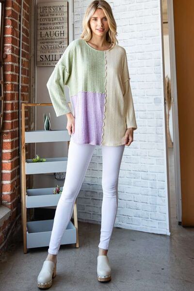 Color Block Round Neck Dropped Shoulder Sweater- Sage | Nowena