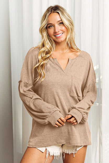 Women Exposed Seam Long Sleeve Top Blouse-Taupe | Nowena