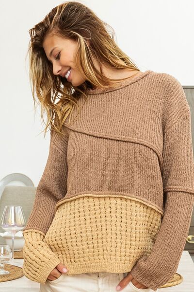 Texture Detail Contrast Drop Shoulder Sweater- Mocha Brown Combo | Nowena