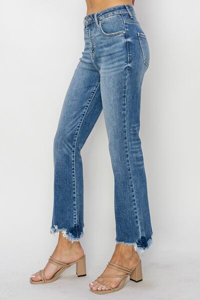 High Waist Raw Hem Flare Jeans Women - Medium Blue | Nowena