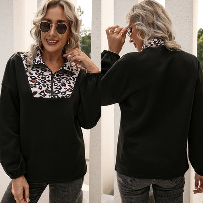 Loose Casual Leopard Print Patchwork Long Sleeve Pullover Sweatshirt