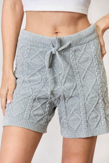 Cable Knit Drawstring Sweater Shorts -Dust Sage | Nowena