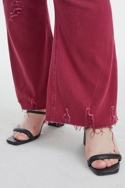 Plus Size High Waist Distressed Raw Hem Flare Jeans- Wine Red