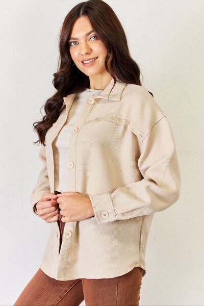 Women Texture Button Down Fray Detail Jacket - Beige