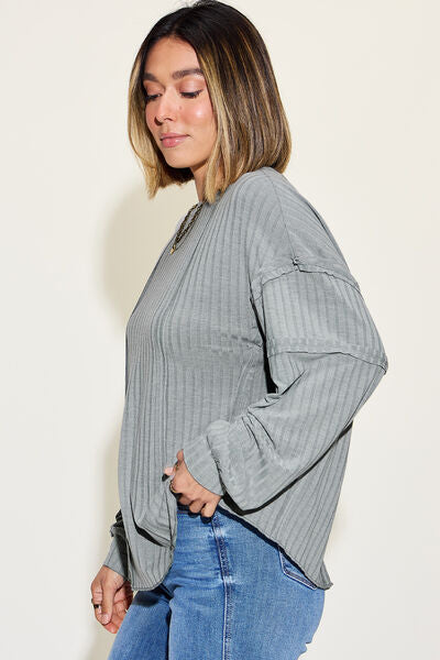 PLus Size Ribbed Round Neck Long Sleeve T-Shirt Sweater | Nowena