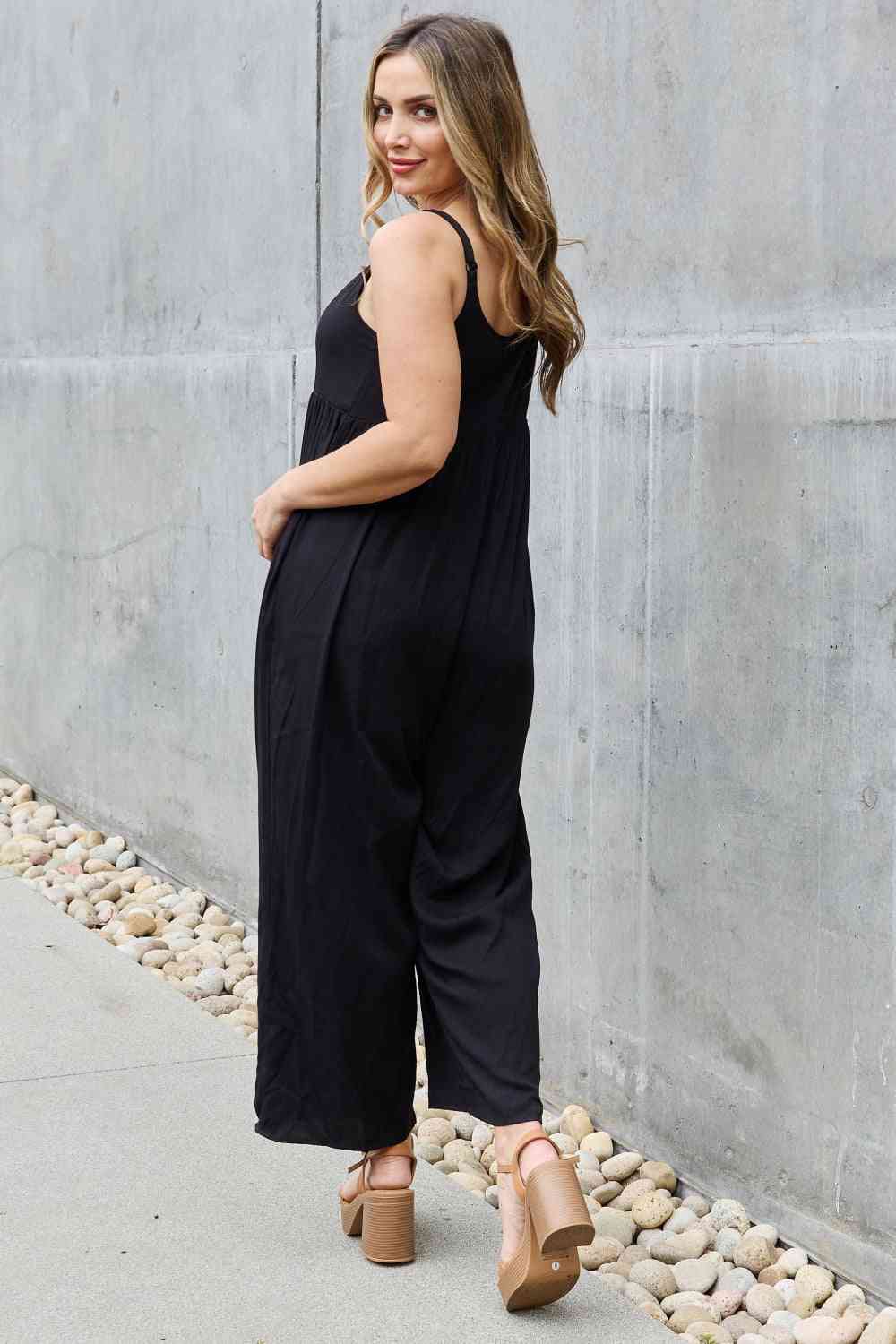 Plus Size Wide Leg Button Down Jumpsuit- Black | Nowena