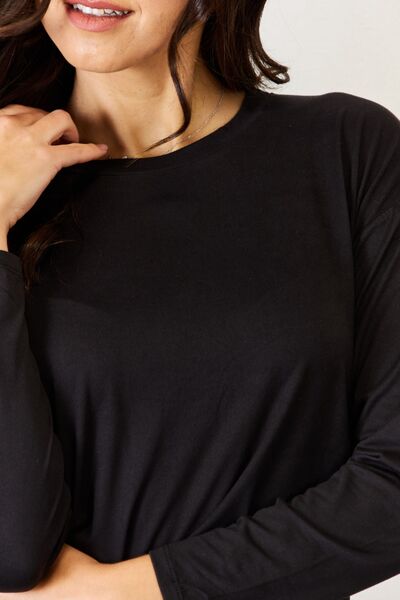 Round Neck Long Sleeve T-Shirt and Leggings Set-Black | Nowena