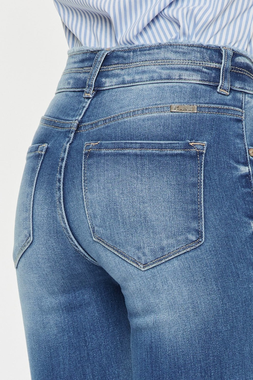 Women Distressed Raw Hem High Waist Fiited Jeans- Medium Blue | Nowena