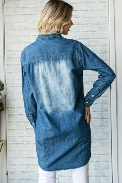 Frayed Hem Longline Button Up Washed Denim Jacket | Nowena
