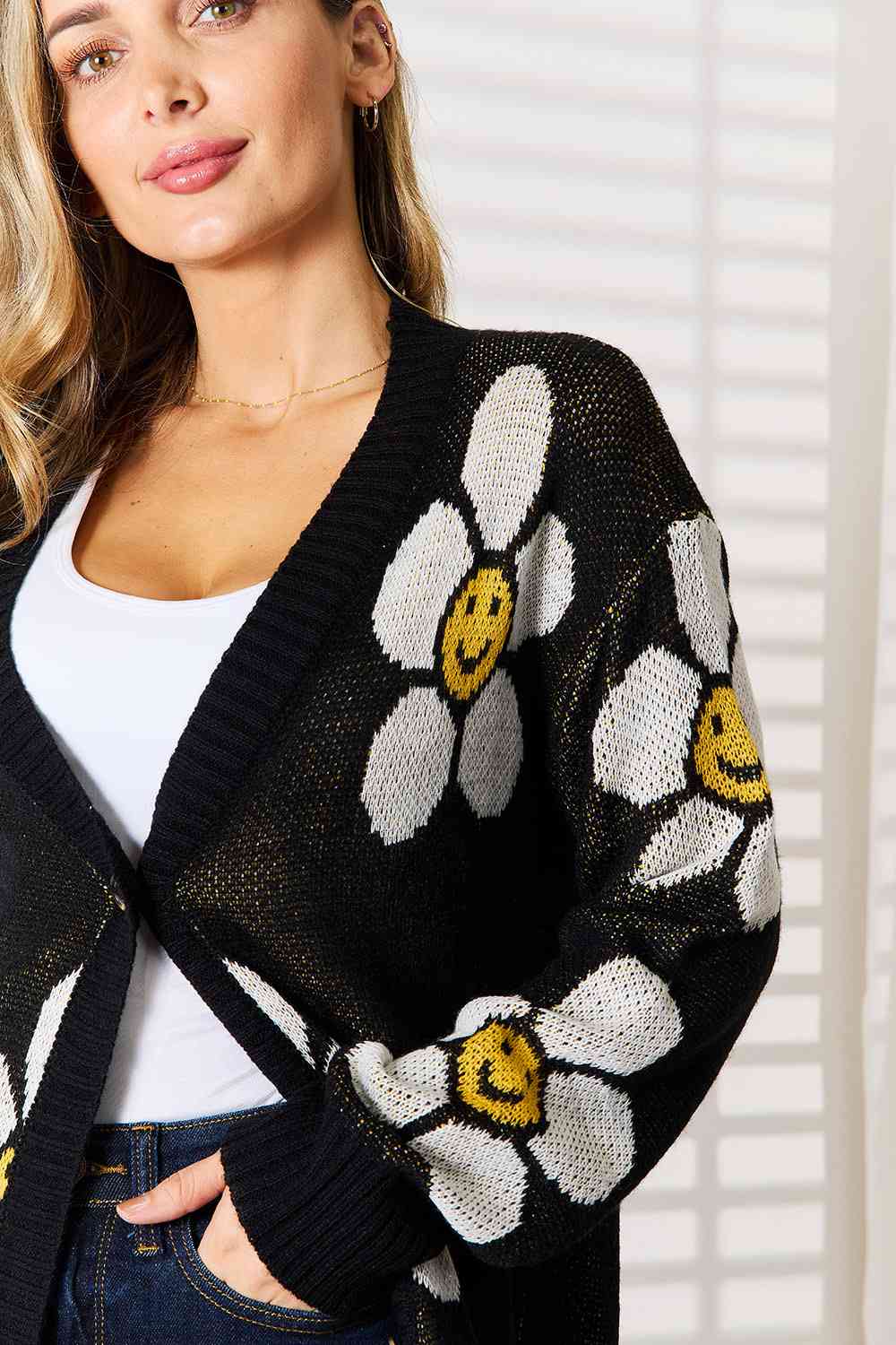 Long Sleeve Button Cardigan Knitwear Casual Loose Open Front Knit Sweater -Black | Nowena